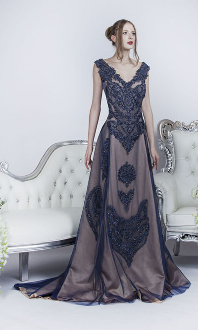 Robe de bal en tulle avec broderie en dentelle bleu