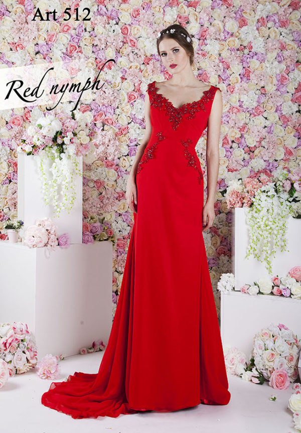 Robe de soirée droite rouge et mousseline chic