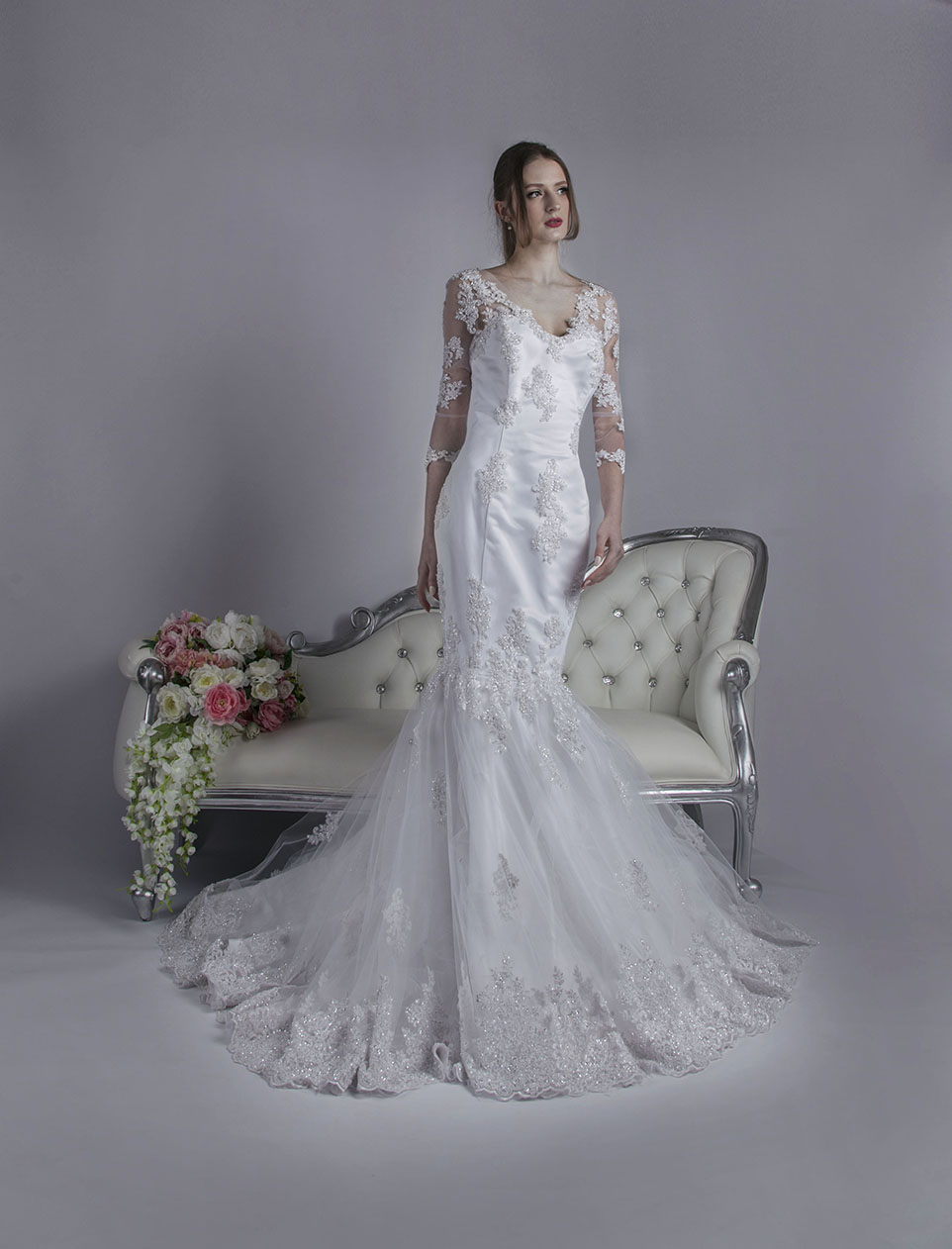 Robe de mariée sirène scintillante à manches