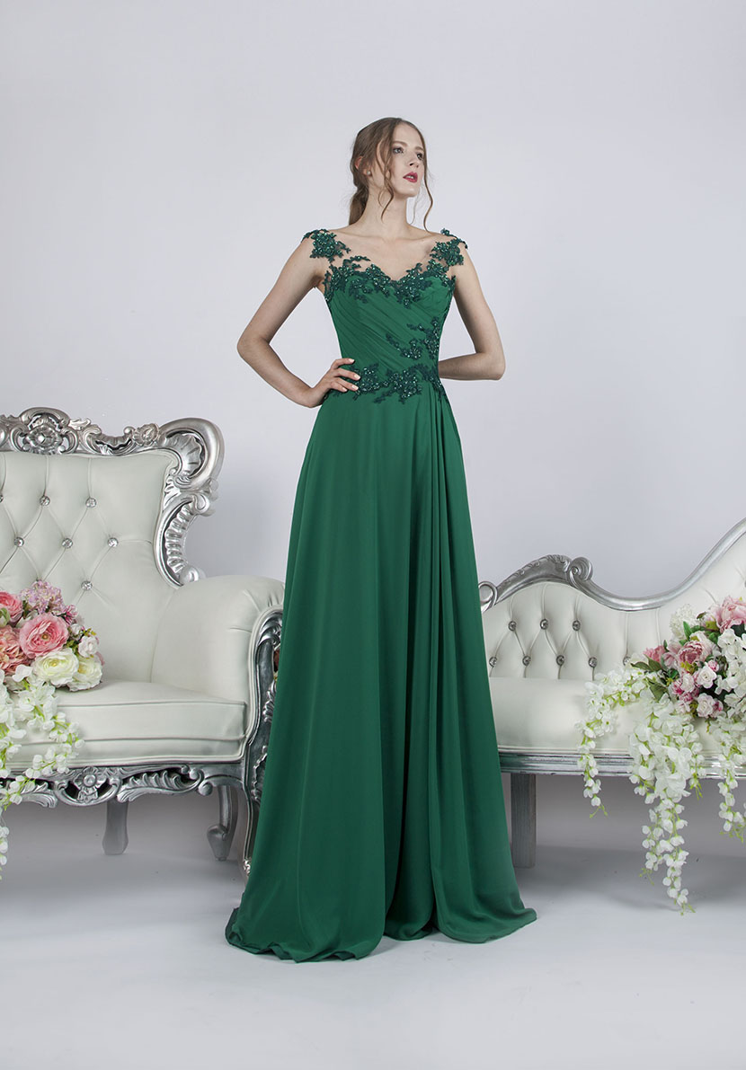 Robe de soirée vert émeraude avec drapée