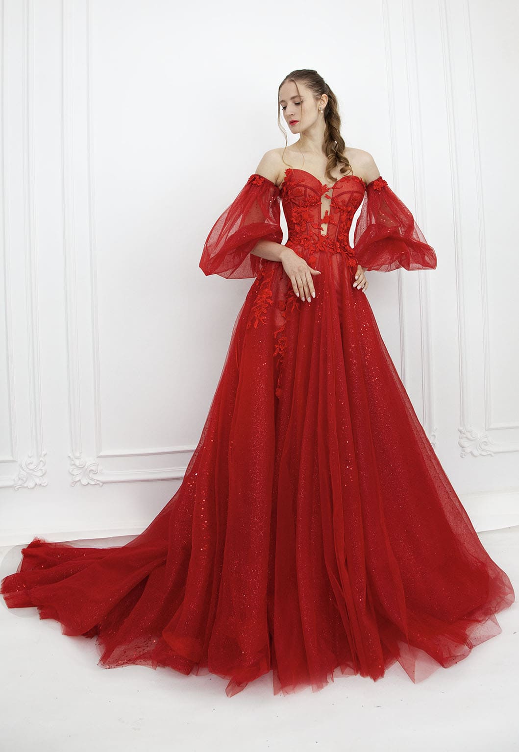 Paillettes rouges uniques avec robe de cocktail courte bouffante en tulle -  Lunss