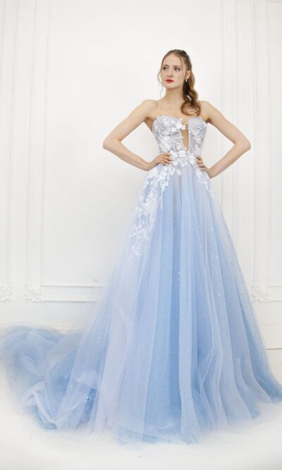 Robe de bal avec tulle bleu et dentelle crème