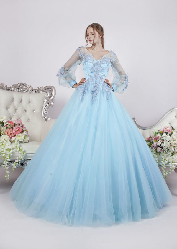 Robe de soirée princesse avec manches couleur bleu