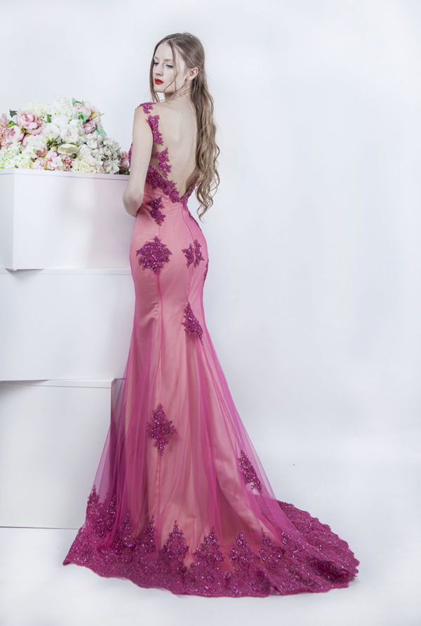 Robe de soirée sirène rose avec dentelle