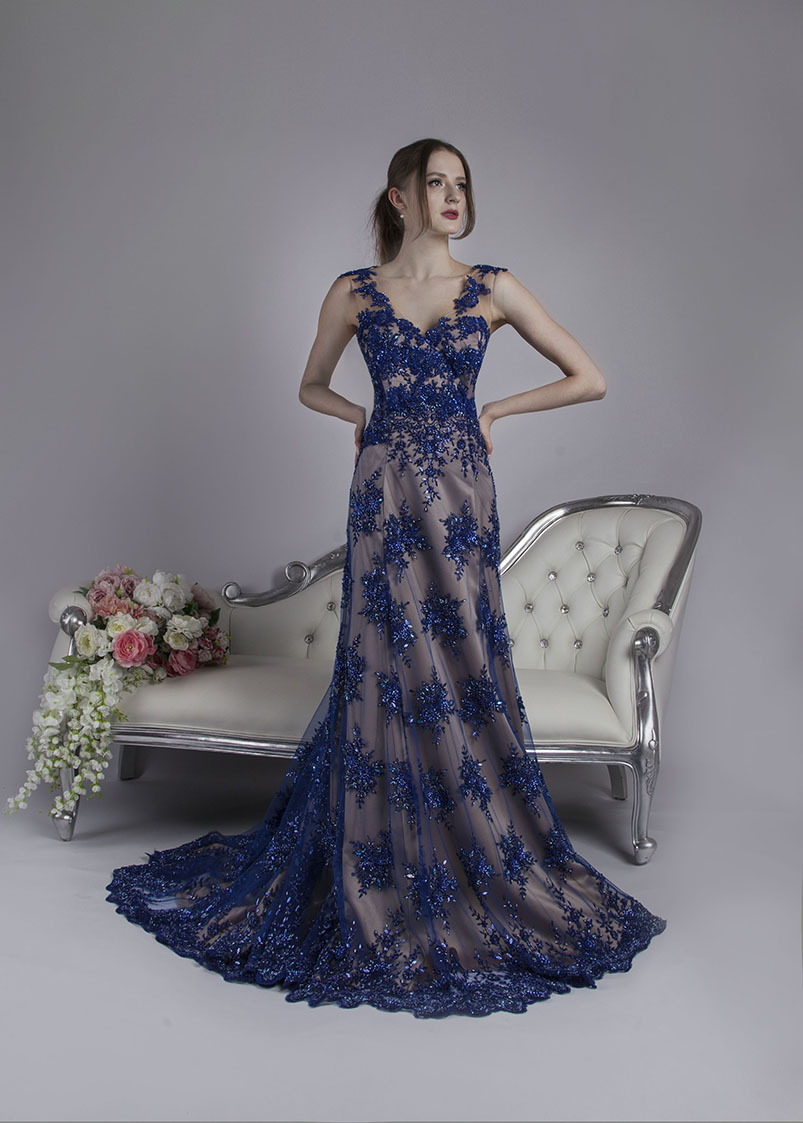 Robe de soirée sirène en dentelle bleu nuit