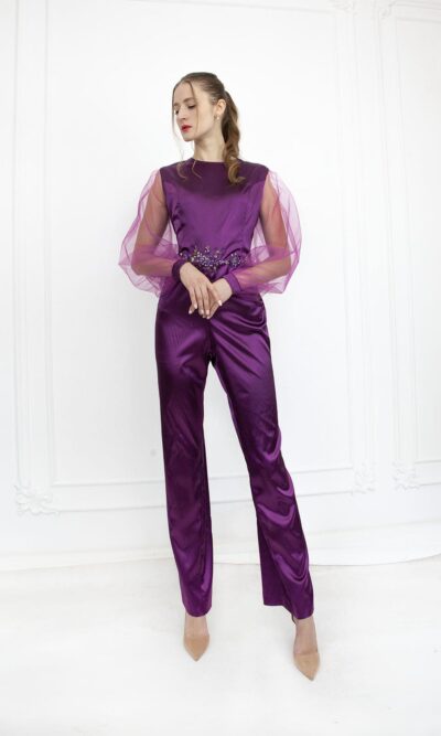 Tailleur de mariage violet lila avec manches