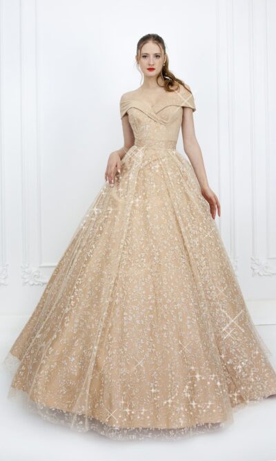 Robe de bal princesse dorée et beige avec peillettes